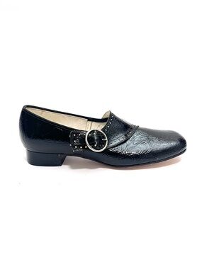 Vintage 1960s deadstock black vegan patent leather heeled pilgrim buckle loafers